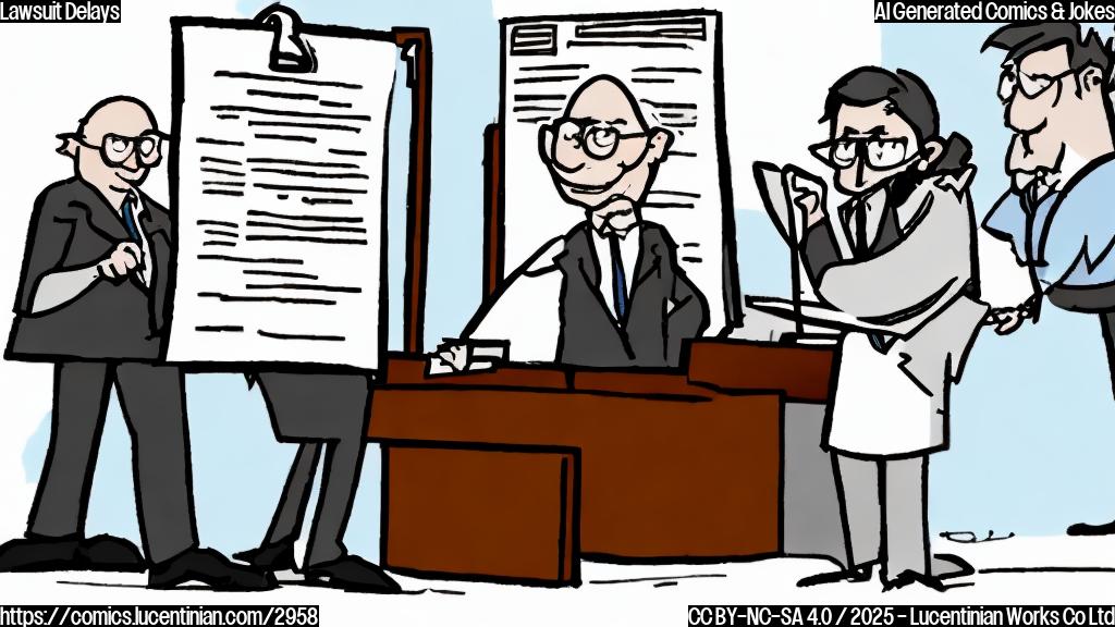 A cartoon drawing in plain colors of a gavel hitting a document with a large "merger" written on it,  with a tiny lawyer in the background looking worried.