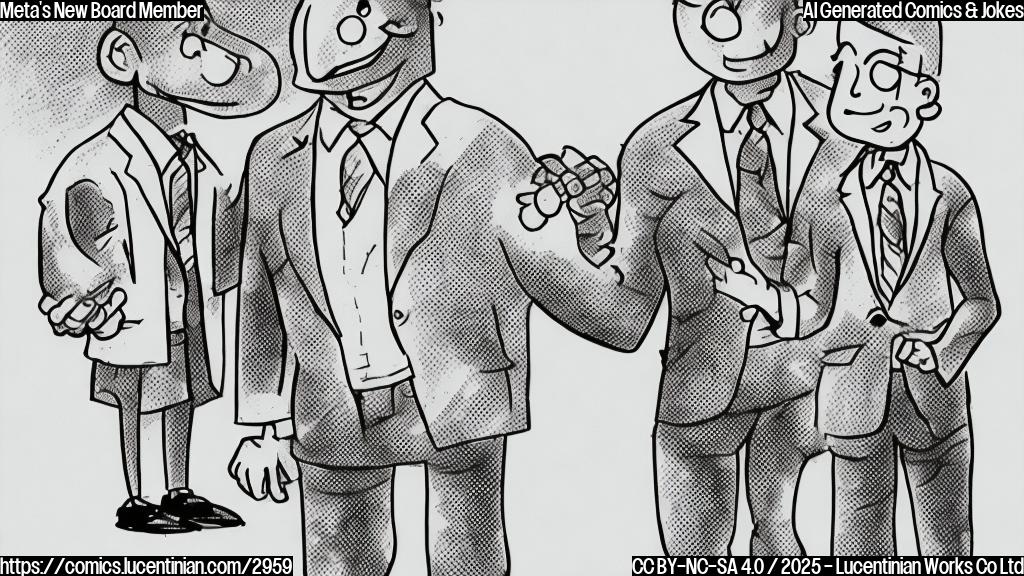 A simple cartoon drawing of a muscular man in a suit shaking hands with a cartoon representation of a Facebook logo. Both characters should be in plain colors, without gradients or textures. The background should be a solid light blue.