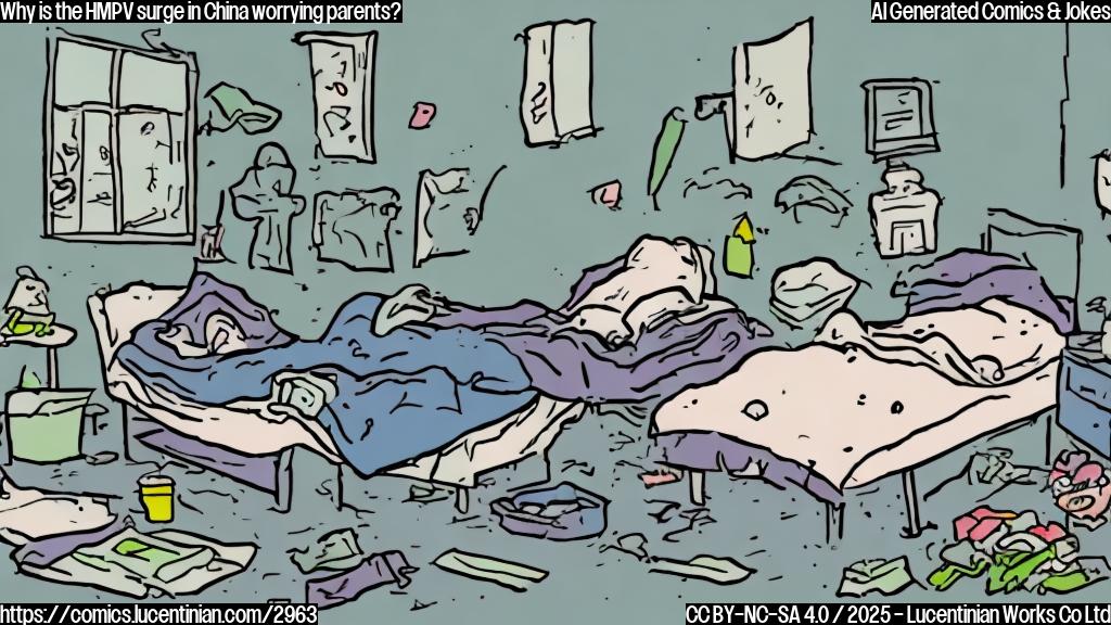 A simple cartoon drawing of a parent frantically searching for tissues in a messy bedroom with a sick child coughing in a bed.  Plain colors, no backgrounds.