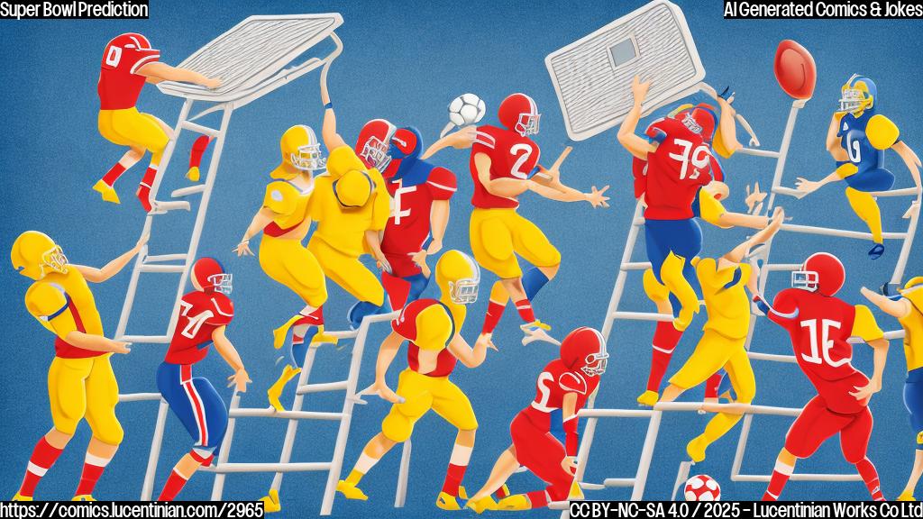 A cartoon drawing of a football team carrying a ladder towards a giant scoreboard with a plain background. The style is simple and the colours are limited to a few primary colours.