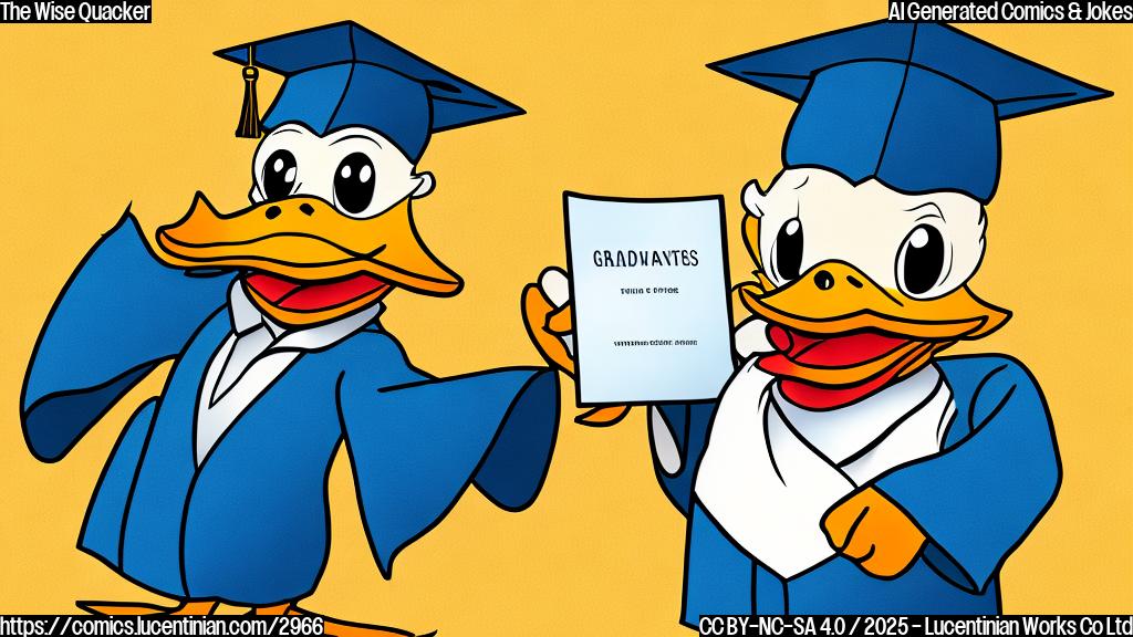 A cartoon of a duck wearing a graduation cap and gown, holding a diploma. Simple background, plain colors.