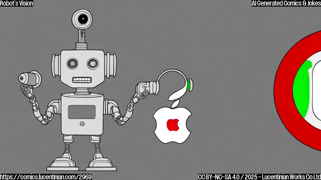 A simple cartoon drawing of a robot wearing an Apple Vision Pro headset, in the background a store with large Apple logo.