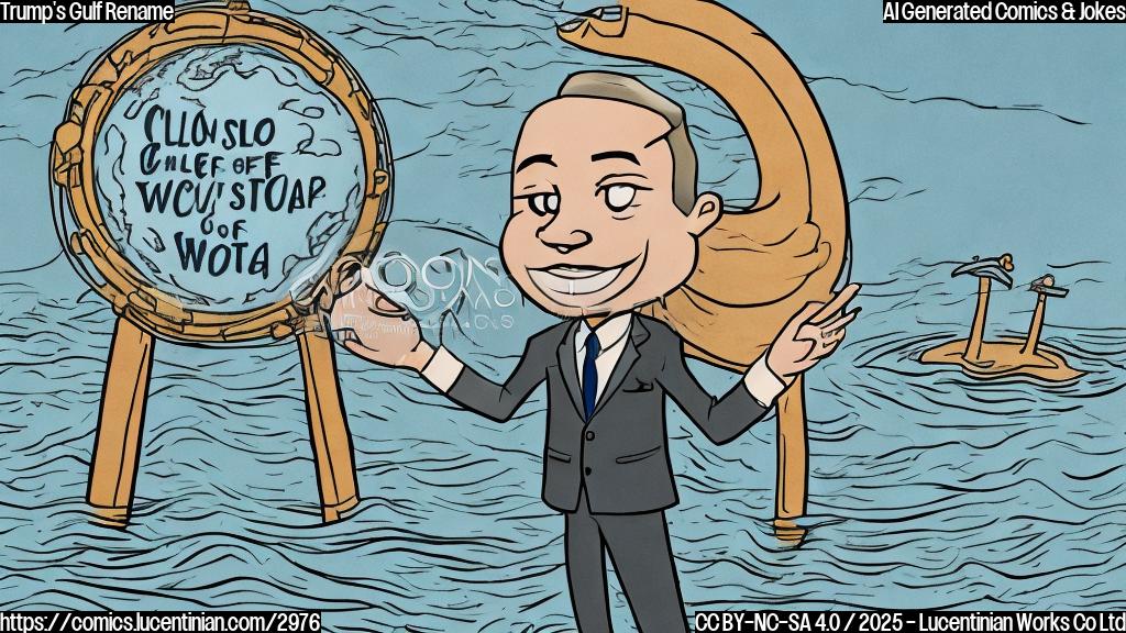 A cartoon drawing in plain colors of a person in a suit standing in front of a large body of water, pointing dramatically at it with a sign that reads "Gulf of America". The sky is clear and the water is a simple blue.