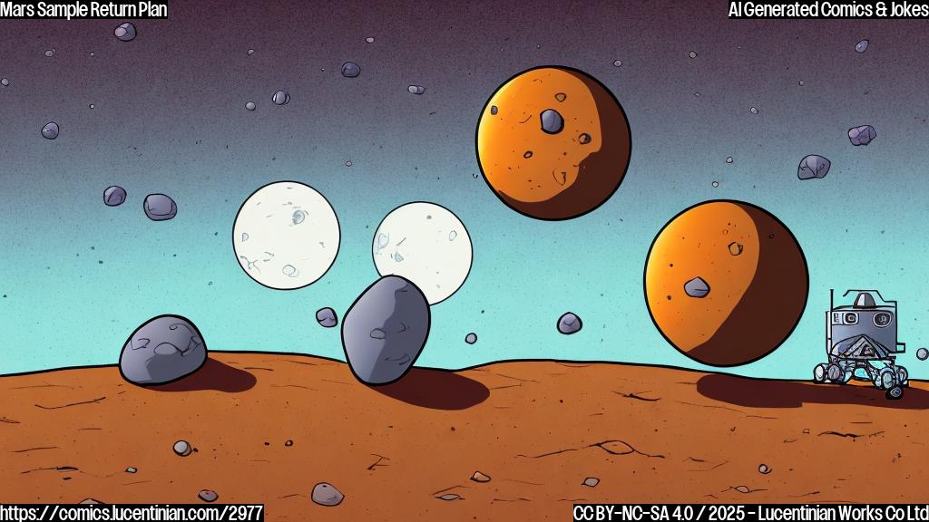 A simple cartoon of a Martian rock stubbornly waving its tiny arms, with a small NASA rover with a sad expression looking at it.  Both are drawn in a plain, solid-color style using only a few colors, no gradients.  The background is a plain red Martian landscape.