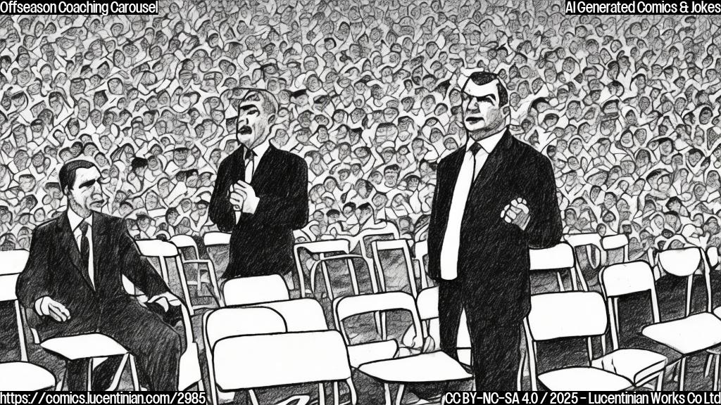 A simple cartoon drawing of a football coach with a worried expression. The coach should be surrounded by empty chairs, symbolizing the lack of applicants for his position. Use only plain colors, like brown, black, and white.