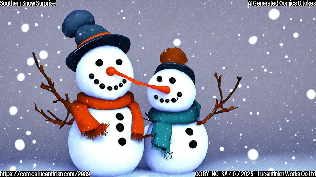 A cartoon snowman with a surprised expression, wearing a carrot nose and twig arms, standing in front of a background of falling snow. The style should be simple and plain-colored. Use only shades of blue, white, and orange.