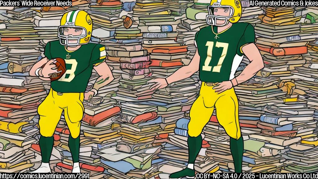 A simple cartoon drawing of a green and gold football player wearing a helmet and uniform standing in front of a large stack of books in a library. Use only solid colors and avoid gradients. The player is looking at the books with an expression of curiosity.  The style should be reminiscent of early 20th-century cartoons.