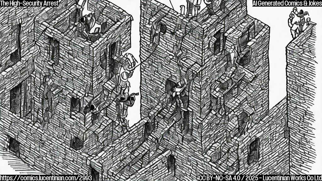 A simple cartoon drawing in plain colors of a group of investigators in suits and hats climbing a tall wall, with a small building with high walls behind them.