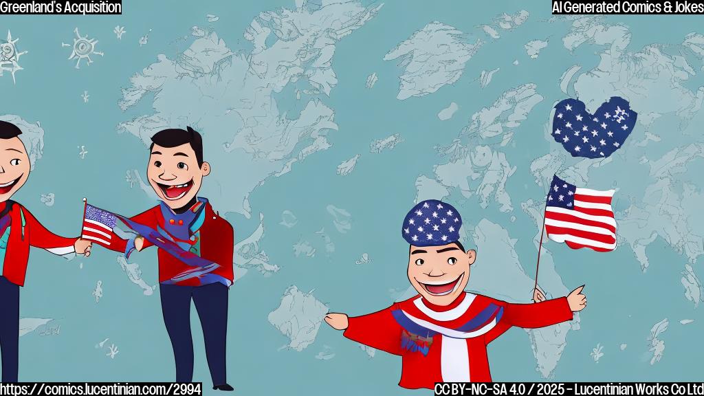 A cartoon drawing of a happy person in traditional Greenlandic clothing waving a small American flag while another person, dressed in a suit, smiles and points at a map of Greenland which is colored in USA flag colors. Simple style, solid colours, no background, cartoon style