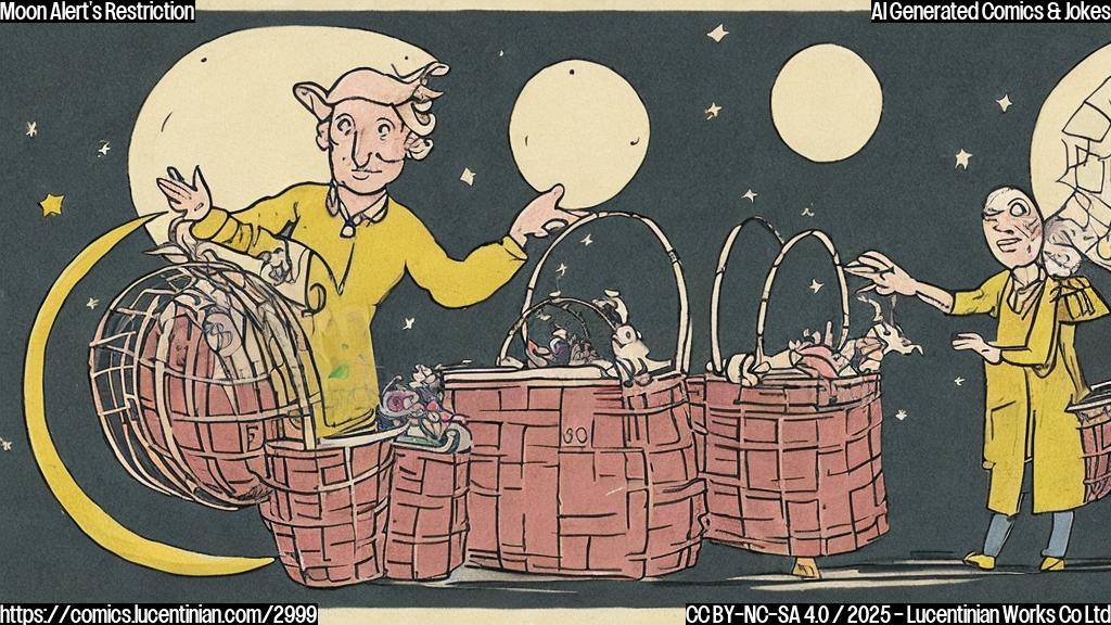 A cartoon of a sheepish-looking astrologer holding up a hand to stop a very round moon from entering his shop, while the moon holds a shopping basket.