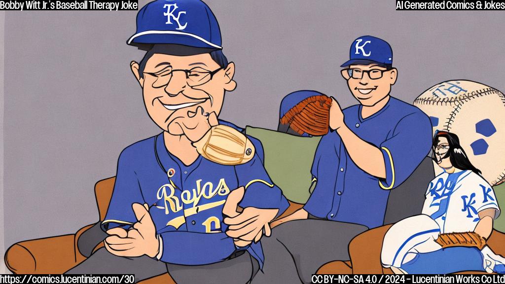 A cartoon of a smiling baseball player (wearing a KC Royals jersey) sitting on a couch in a therapist's office, looking worried. The therapist is a bespectacled woman with a kind expression, holding a notepad and pen. In the background, a giant baseball glove looms large, symbolizing the pressure to perform. The baseball player is surrounded by baseballs and bats, but his eyes are fixed on the therapist as if searching for answers.