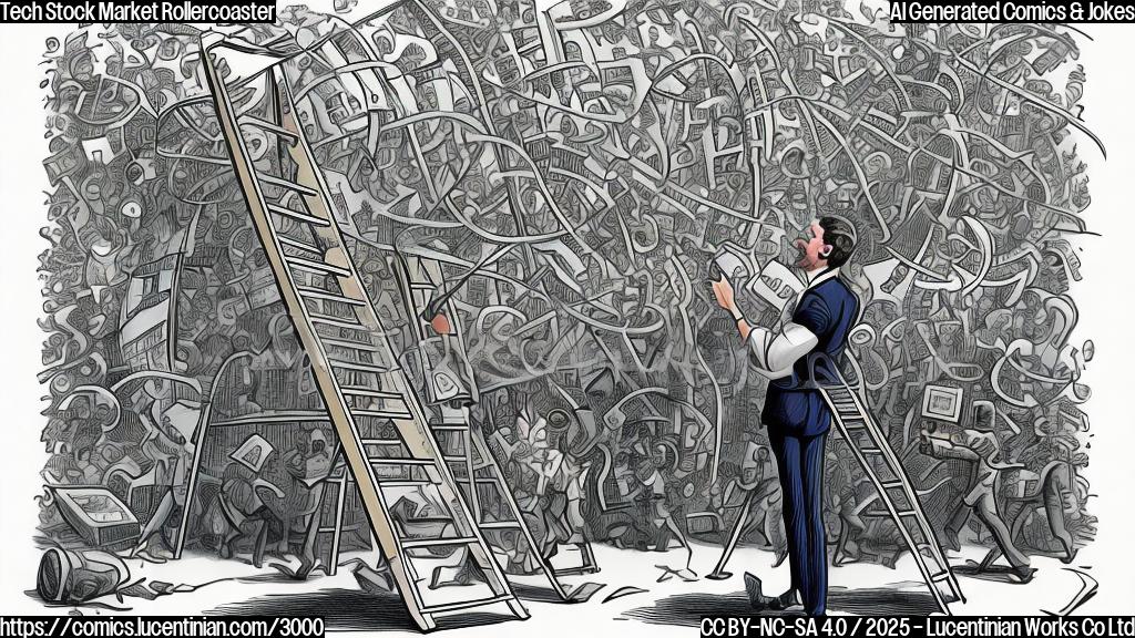 A cartoon of a person with a briefcase standing on a ladder looking at a chaotic, wildly fluctuating graph showing a stock market rollercoaster in plain color style.