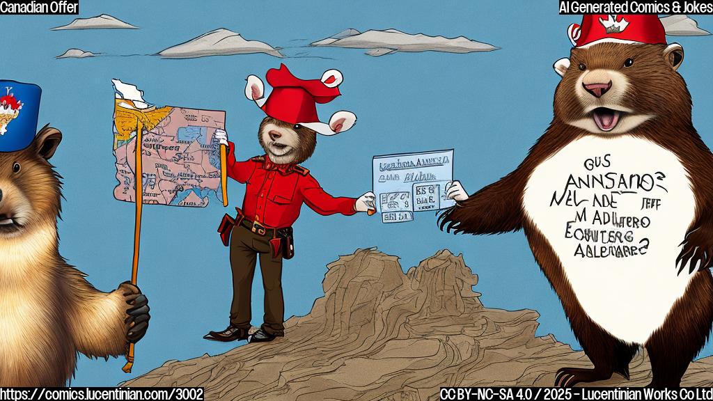 A cartoon drawing of a Canadian beaver wearing a Mountie hat, handing over a giant cheque to a surprised-looking bald eagle, who is standing on a map of Minnesota and Alaska, with a plain background in pale blue color