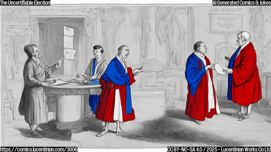 A simple cartoon drawing in plain colors showing two people, one with a red robe and one with a blue robe, standing next to a very close election results board and looking confused. The board shows results with very little difference between the two candidates, with a number of question marks surrounding the results.