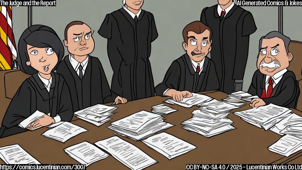 A cartoon drawing in plain color style. There is a judge sitting on her chair behind a desk. The desk is covered with documents. The judge has a stern facial expression and holds a report in her hand. Another person in a business suit, presumably a lawyer, stands next to the desk impatiently looking at the judge and waving his hand, showing an irritated expression.