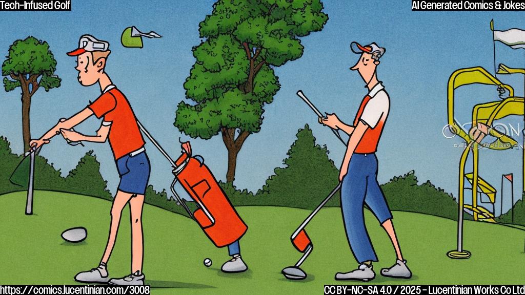 A cartoon drawing in a plain color style of a golfer carrying a ladder next to a futuristic golf course. The golf course should have some neon lights and other high-tech looking elements.  The golfer should have a friendly, slightly goofy expression.