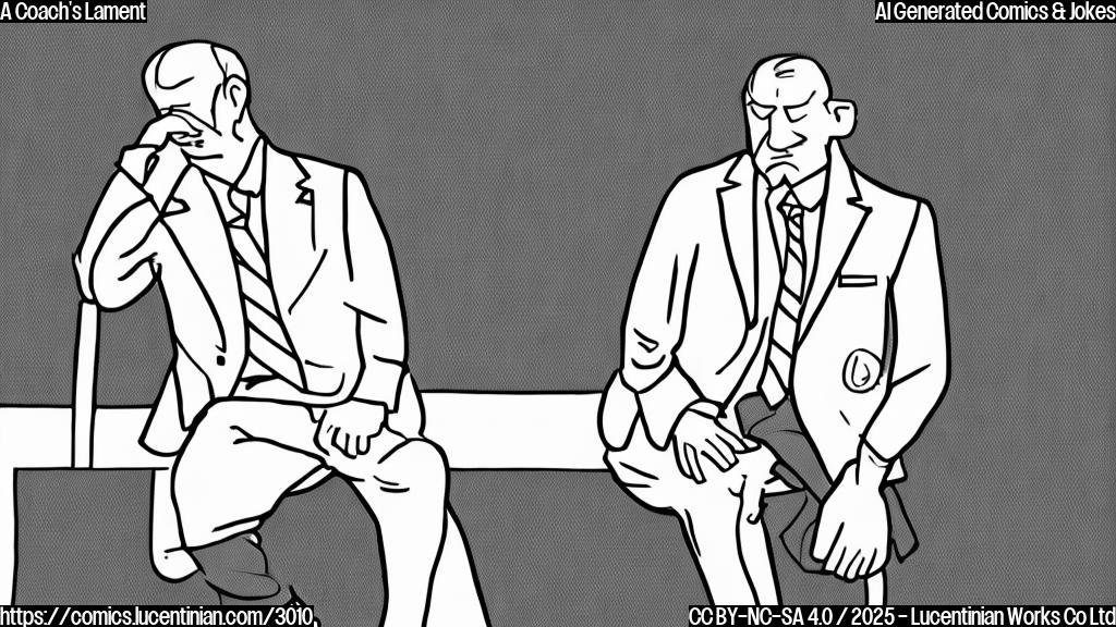 A simple cartoon drawing of a sad looking coach in a plain colored sports jacket sitting on a bench. The background should be a simple plain color. The color palette should be limited to three colors. The style should be minimalist, with no unnecessary details.