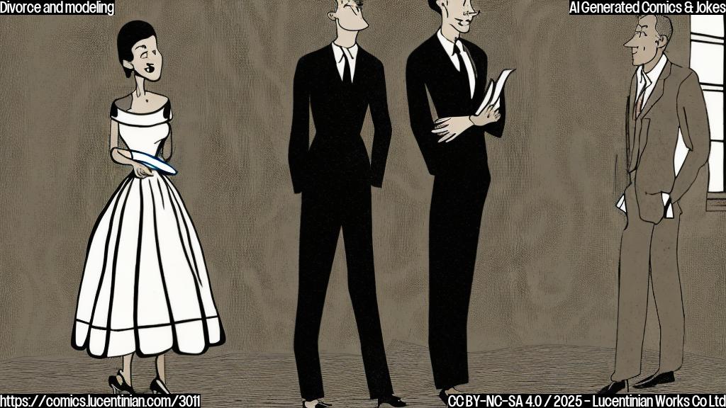 A simple cartoon of a woman in a stylish dress looking disappointed and a man looking at a modeling portfolio, with a plain background.