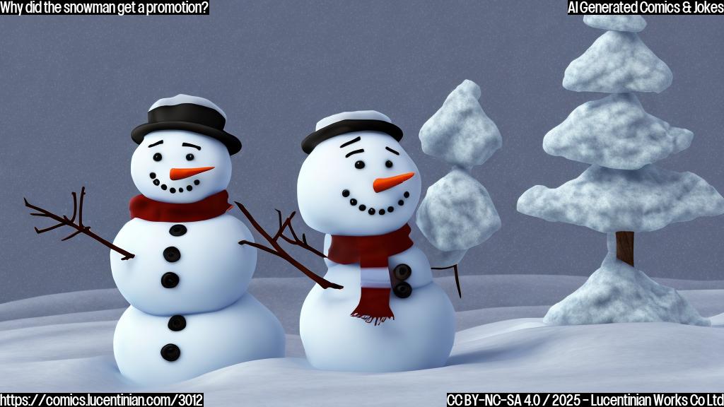 A simple cartoon drawing of a snowman in a business suit and tie, standing proudly on a snow-covered landscape. Use plain colors, no gradients.