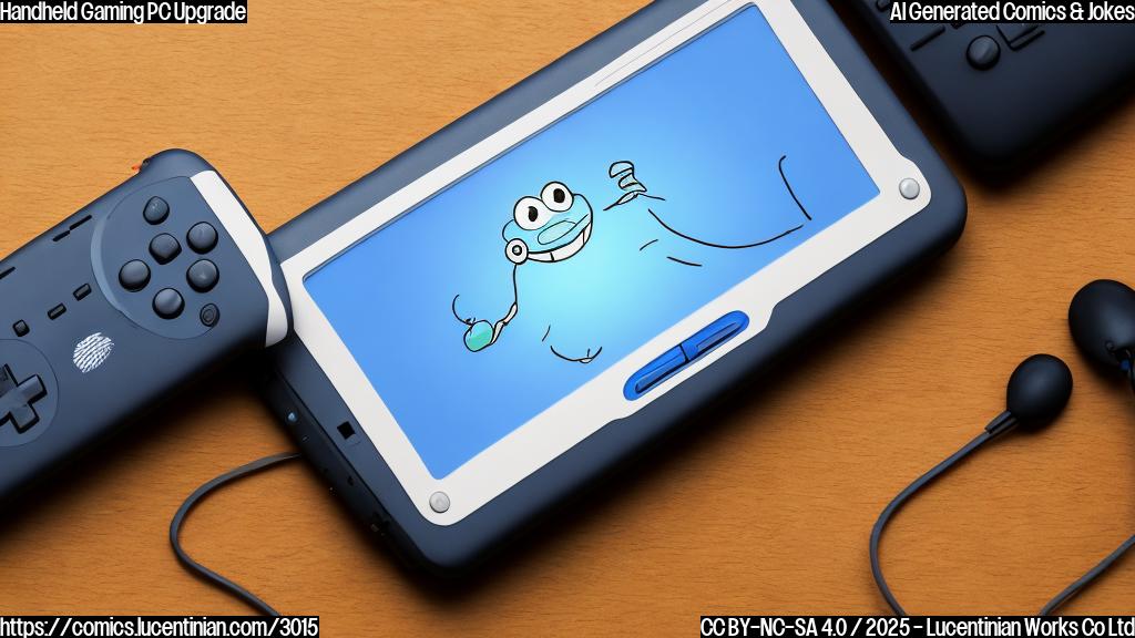 A simple cartoon drawing of a small handheld gaming PC with a happy face, getting bigger and more powerful. The PC is primarily a dark grey rectangle, simple rounded corners, with a few grey buttons, and a small screen in the top middle. The background is a solid light blue.