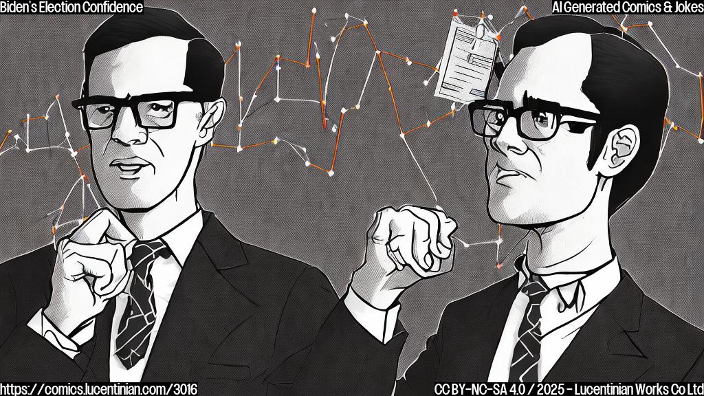 A cartoon drawing of a person wearing a suit and glasses, confidently pointing at a graph showing an upward trend, with a background of voting booths and a subtly visible graph depicting the results. All in plain color style.