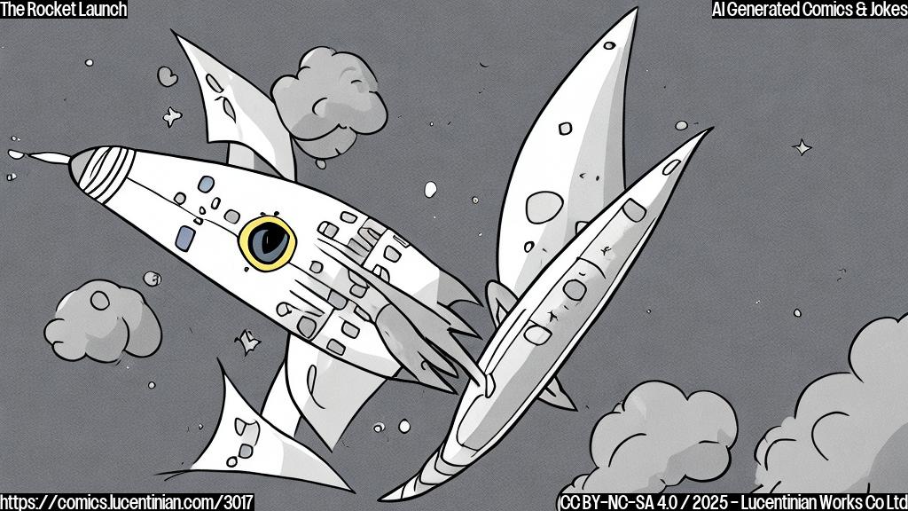 A cartoon drawing of a sad, cartoon rocket with a single, large tear rolling down its side. The background is plain and the color palette is limited to grayscale.