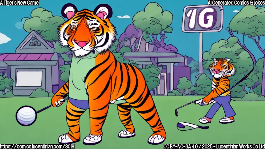 A cartoon tiger wearing golf clothes, walking away from a building with a neon sign that says "GOLF", in a plain color cartoon style.