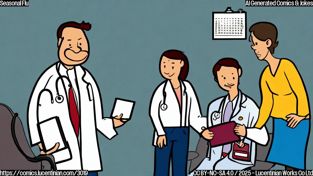 A plain color cartoon style drawing of a doctor handing a calendar to a surprised patient in a doctor's office.