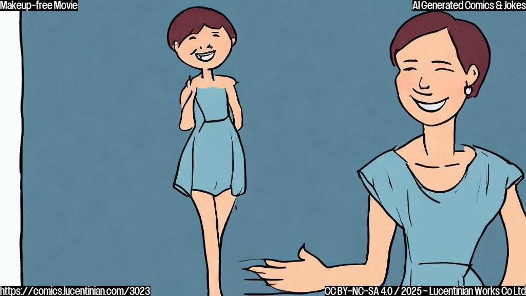 A simple cartoon drawing of a woman with short hair, wearing a simple dress. She is smiling and looking directly at the viewer, in a plain light blue background.