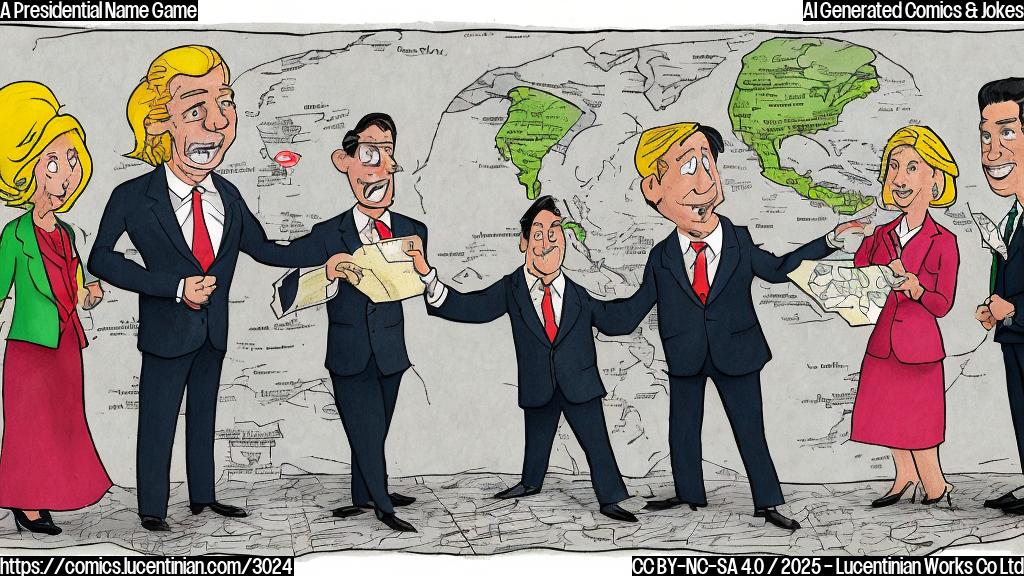 A simple cartoon drawing in plain colors of two world leaders, one a woman with dark hair in a suit, the other a man with blond hair also in a suit. The woman is smiling mischievously while pointing to a map with the label "Mexican America" on it, while the man looks surprised and slightly annoyed.