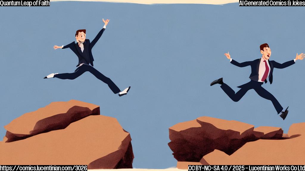 A simple cartoon of a person in business attire jumping off a cliff with a determined expression, background is a plain light blue color.