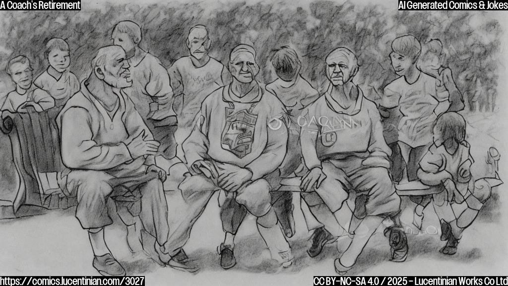 A cartoon drawing of an old, weary-looking football coach with a slightly grumpy expression sitting on a park bench, watching a spirited game of children playing football in the background. The drawing is to be in a plain color cartoon style using only primary colors.  The coach is wearing a simple, plain-colored tracksuit.