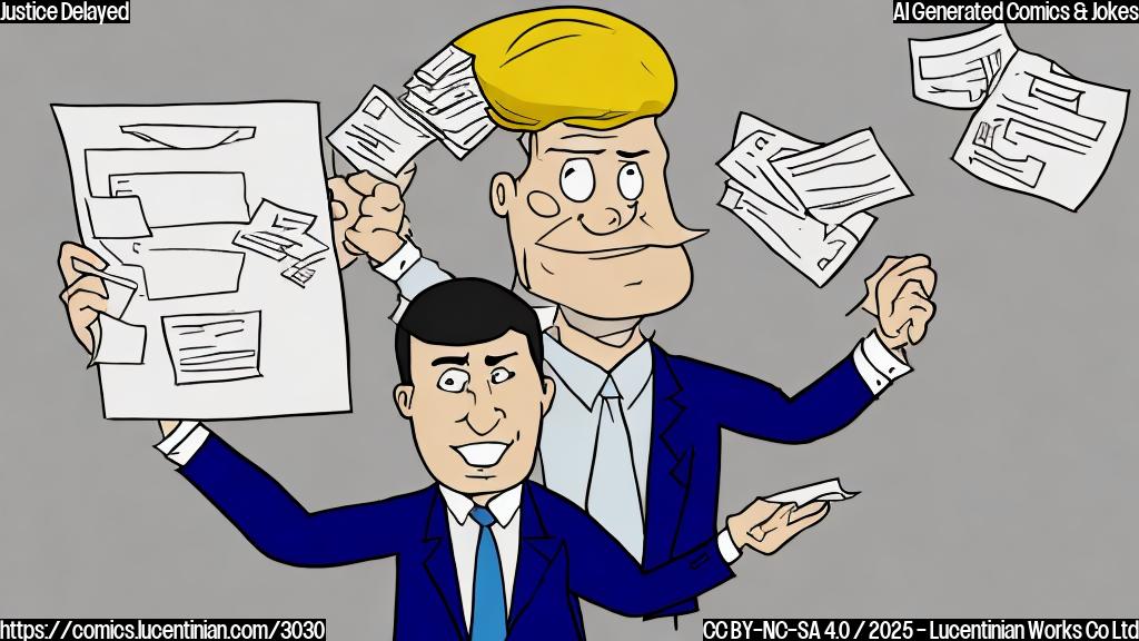 A cartoon drawing in plain colors of a serious-looking person in a suit holding a large redacted document, with smaller documents scattered around them. The overall tone should be humorous and slightly sarcastic.