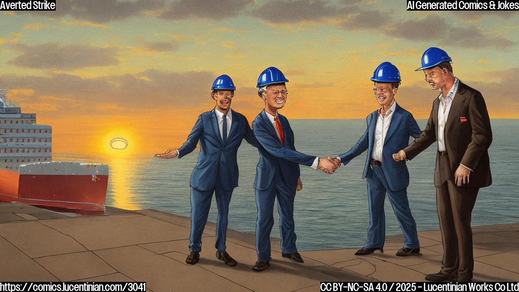 A cartoon of two figures shaking hands, one wearing a hardhat and the other a suit, in front of a large container ship with a background of a sunrise over the ocean, all in plain colors