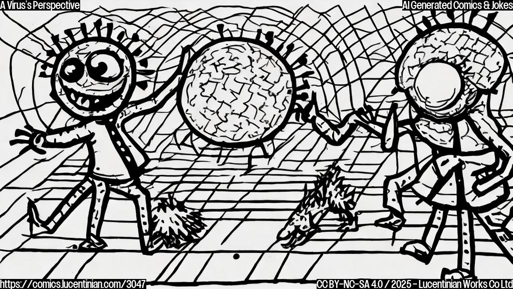 A simple cartoon drawing in plain colors showing a virus with legs crossing a road. The road is represented by two parallel horizontal lines. The virus is depicted as a spiky sphere with two small legs. The background is plain white.