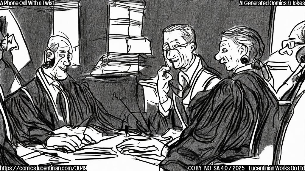 A simple cartoon drawing in plain colors of a judge on a telephone, talking to a person in an official suit. The background should be a plain light-grey color. The style of the cartoon should be minimalistic and with clean lines. The judge should have a slight smile and the other person should have a serious expression. No unnecessary detail.