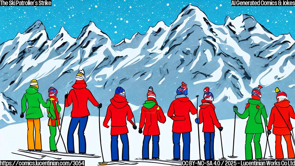 A cartoon drawing in plain colors of a group of ski patrollers wearing bright red jackets, holding picket signs that say "Fair Wages" and "Better Slopes". The background is a snowy mountain scene with ski lifts in the distance. The art style should be simple and childlike.