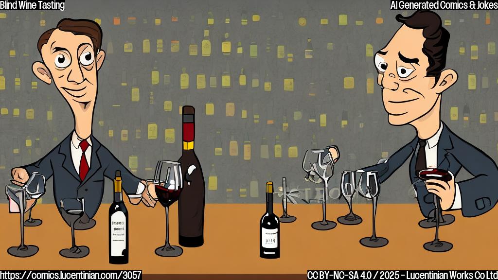 A cartoon of a sommelier with a flashlight, in a dark room surrounded by wine bottles, in a plain color cartoon style