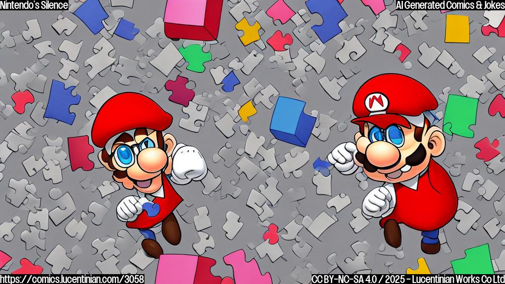 A cartoon of a shy Nintendo character (a red-capped mushroom wearing glasses and a bow-tie) peeking from behind a large, grey box labeled "Switch 2," with numerous colorful puzzle pieces scattered around it, drawn in a simple, flat color style.