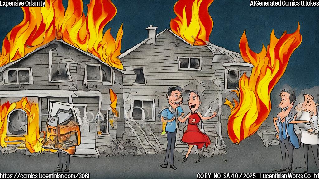 A cartoon of a burning house with a cartoon insurance company representative with a worried expression looking at it. The style should be plain color cartoon style with flat shading.