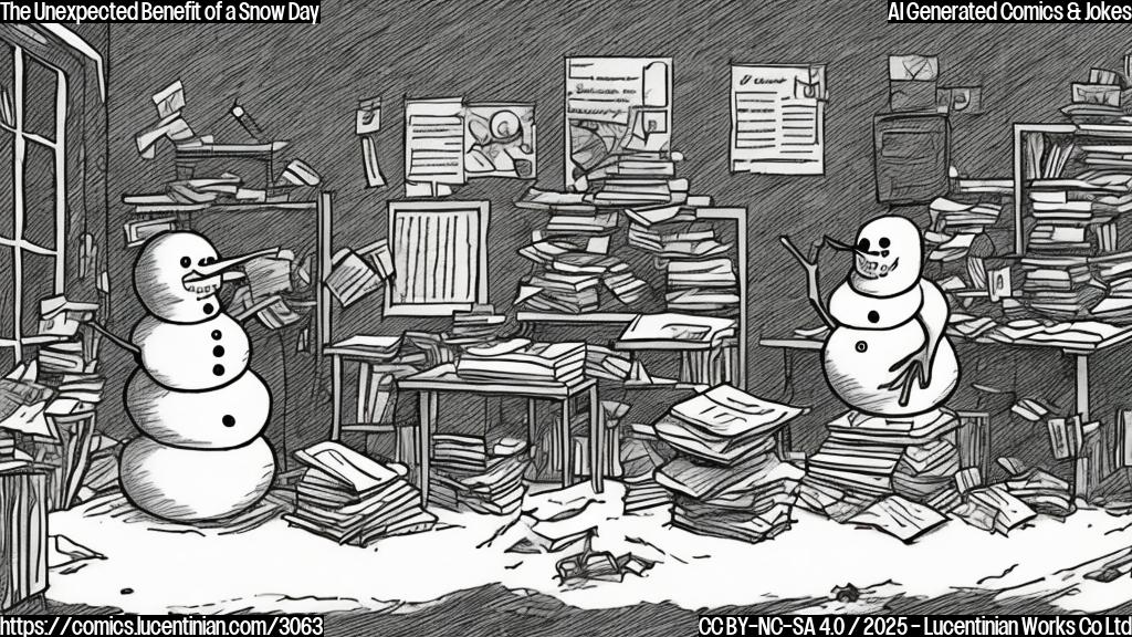 A cartoon drawing in plain color style of a person building a snowman in a office, the snow is falling, and office is empty, with piles of papers in the background