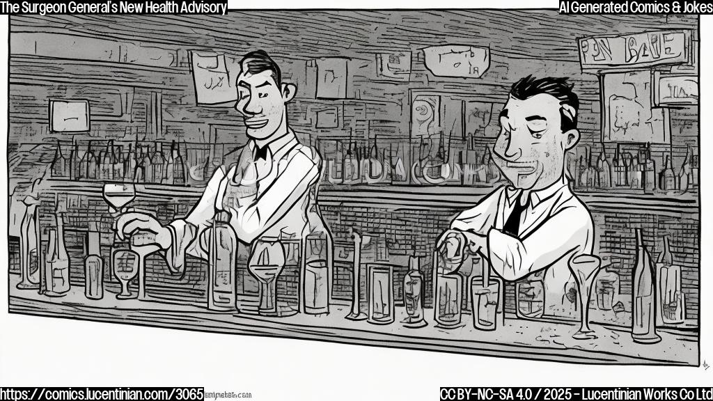 A cartoon drawing of a bartender with a worried expression behind a bar. The bar is empty except for a single, untouched glass. The style is simple, flat colors, no shading or gradients.