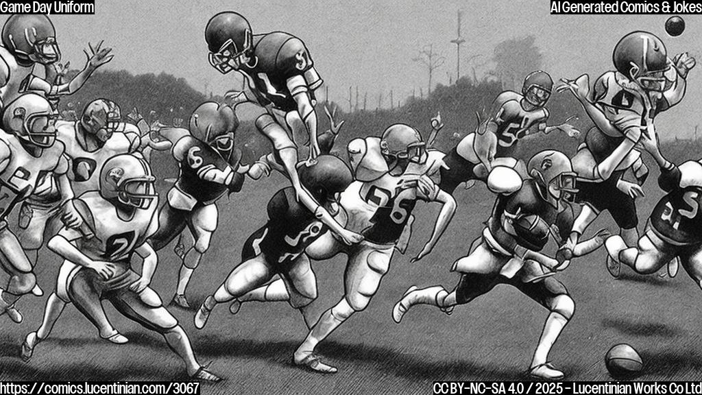 A simple cartoon of a football team, with plain colors, carrying a ladder onto a football field. The style should be similar to classic cartoons.