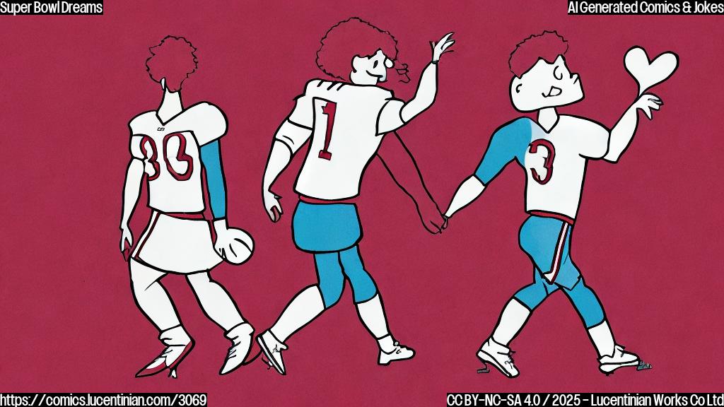 A simple cartoon drawing of a sad football player with a broken heart and a cheerleader looking disappointed and walking away, both in plain colors, simple background.