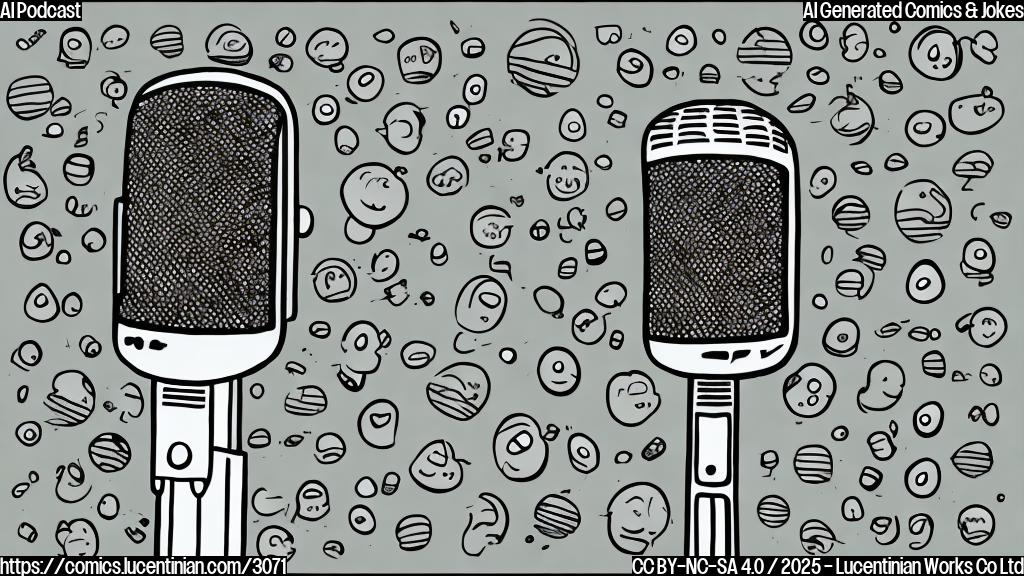 A simple cartoon drawing in plain colors of a microphone with a sad face, surrounded by small, identical speech bubbles with the same text in them. The overall style should be simplistic and humorous.