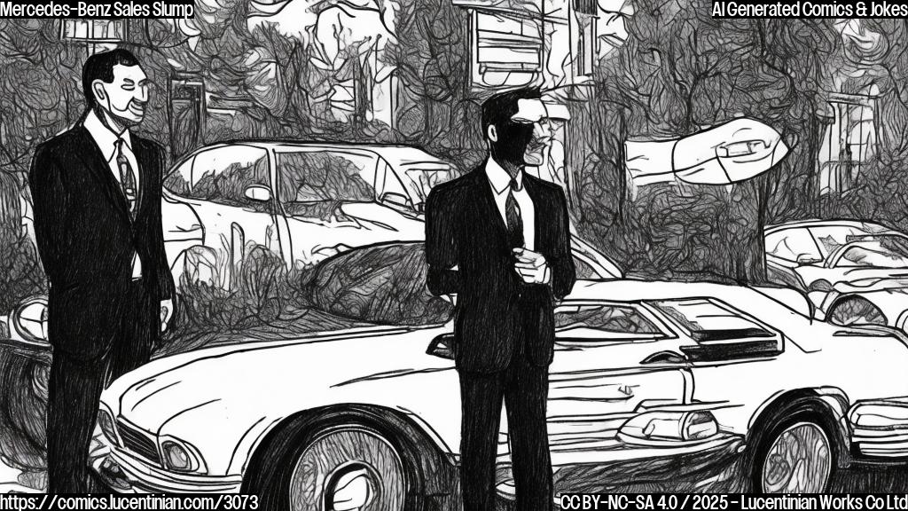 A simple cartoon drawing in solid colors of a sad car salesman in a suit, standing next to a used luxury car. The salesman has exaggerated drooping shoulders.  The car should be simple, a classic car shape with a Mercedes-Benz-like three-pointed star emblem on the hood (but not using the Mercedes-Benz logo). The background should be plain grey.