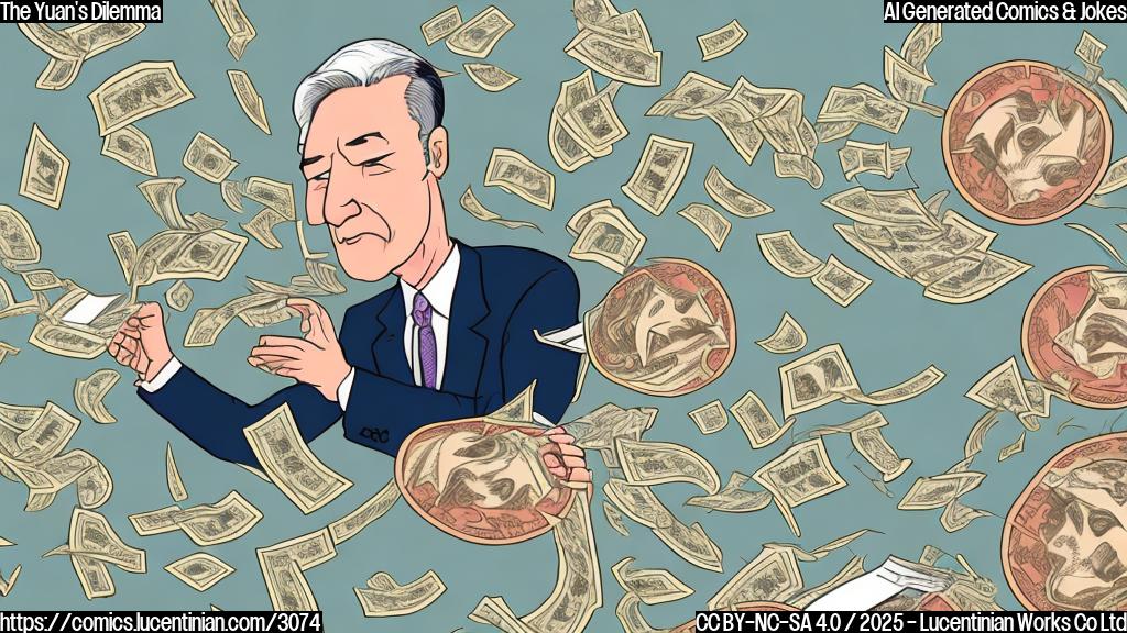 A cartoon illustration of a central bank official looking worried, surrounded by falling yuan symbols (simple design, plain colors).