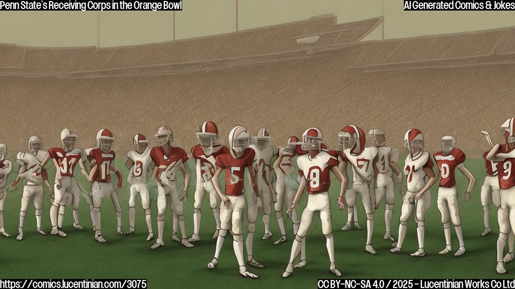 A cartoon drawing of several simple and plain-colored stick figures in football uniforms standing dejectedly on a football field. The figures are wearing helmets and have no facial features. The background is a solid color, with no other detail. Use a style reminiscent of simple, early animation.