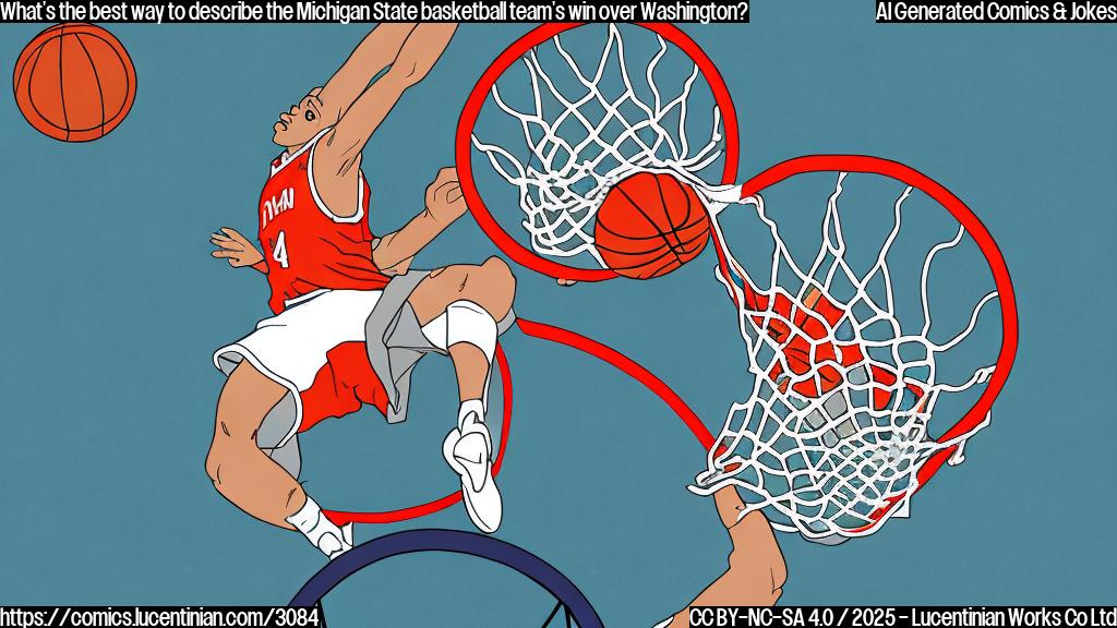 A cartoon drawing in plain colors of a basketball player performing a slam dunk. The player should be wearing a basketball uniform and have a determined expression. The background should be a simple basketball court.