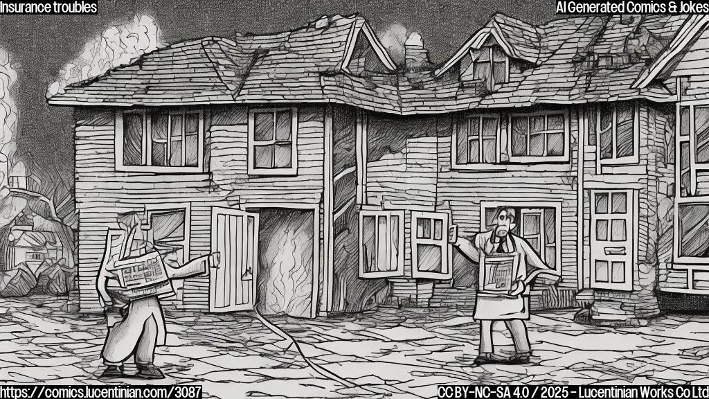 A simple cartoon drawing of a house with a partially burnt roof. The house is drawn with a plain color style. Next to it, a surprised homeowner holds two insurance policy documents, one in each hand. The background should be a simple plain color.